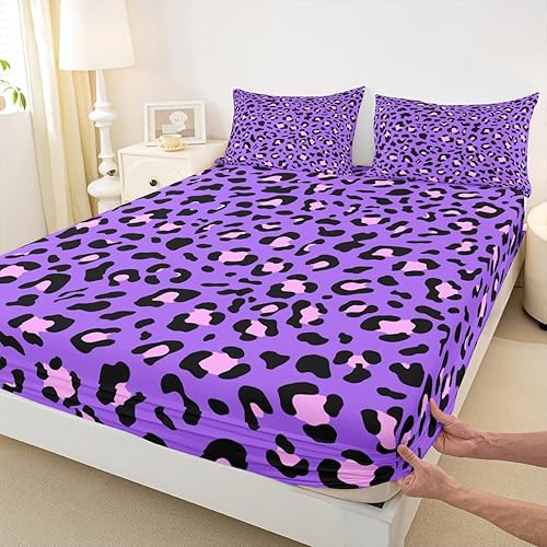 Miniatura 4 de Erosebridal Sábanas con estampado de guepardo, estampado de leopardo morado, juego de sábanas tamaño Queen de piel de vida silvestre rosa, sábana