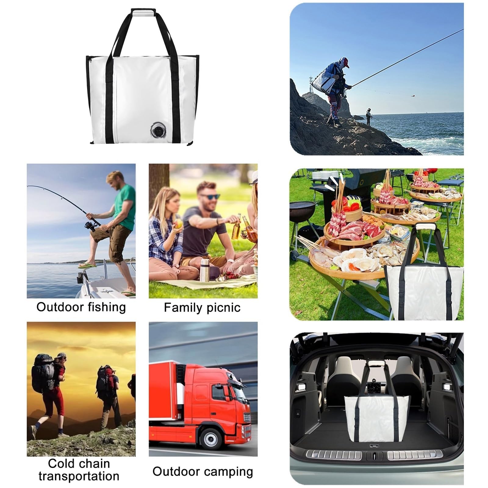 Borsa Termica per Pesci, Borsa Termica per Esche da Pesca, Borsa Termica per Pesci Impermeabile, A Prova di Perdite，per Campeggio/Mare/Pesca/Escursione/Picnic(Grey,80x30x45cm)