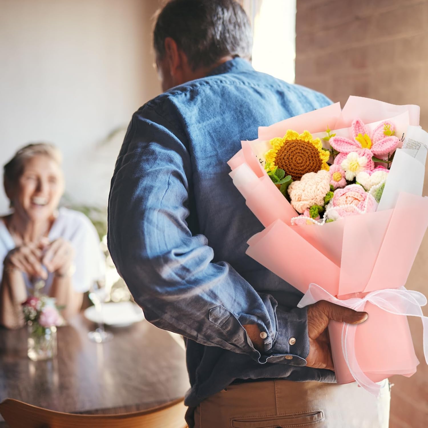 Completed Crochet Flower Bouquet, Pink Handmade Knitted Bouquet, Crochet Bouquet Kit Knitted Fake Sunflower Rose Daisy 12 PCS for Christmas Mother's Day Birthday Wedding Home Decor Gifts for Mom