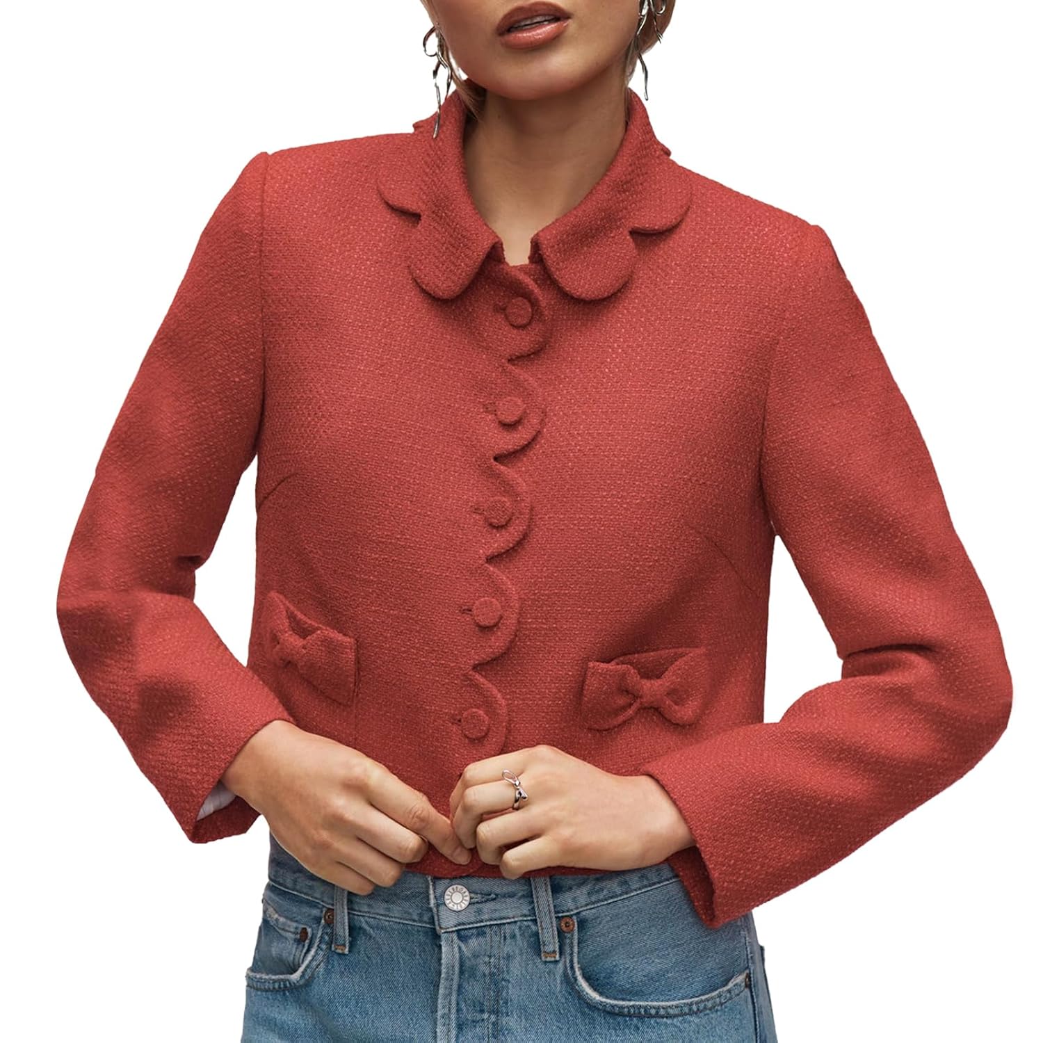 Womens Petal Bow Tweed Blazers Long Sleeve Cropped Jacket Tops Fall Open Front Office Work Blazer Coats