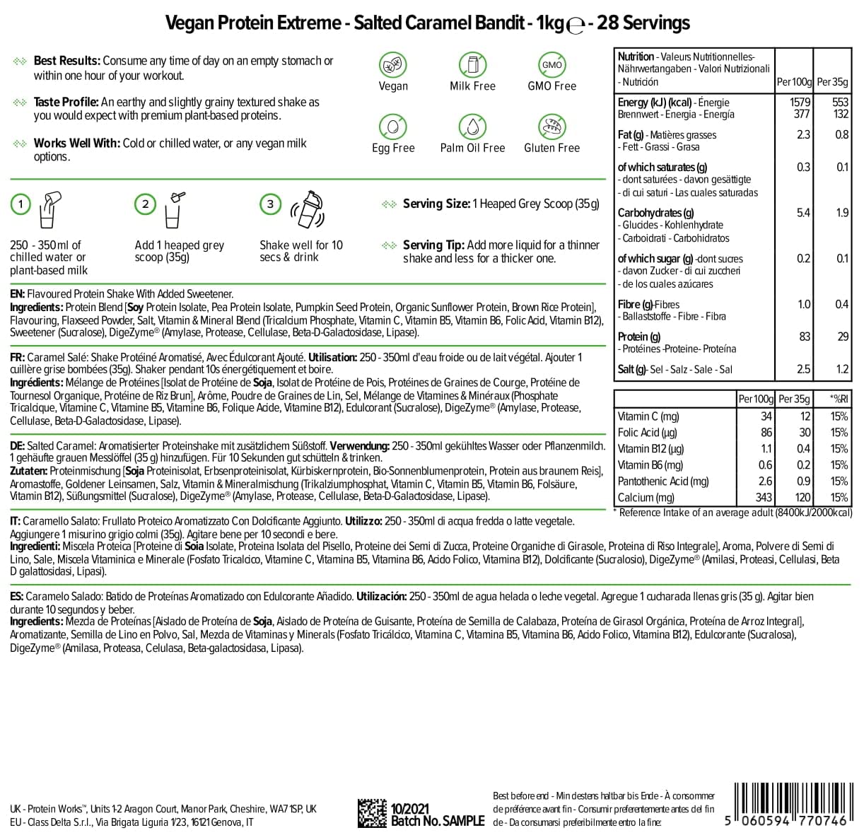 Protein Works | Vegan Protein 360 – PLATINUM Innovation, Polvere Proteica Vegan Premium, Shake Proteico Vegetale, Vitamine & Minerali Essenziali, Basso Zucchero, Caramello Salato, 28 Porzioni, 1kg