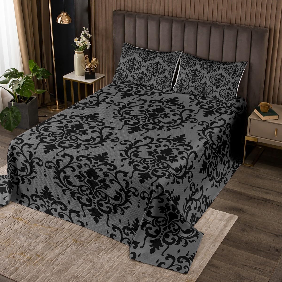 Erosebridal Damask Coverlet Set,Vintage European Floral Quilt Set Queen Size for Kids Teens Adults,Romantic Elegant Bed Cover,Victorian Baroque Bedspread Set,Olive
