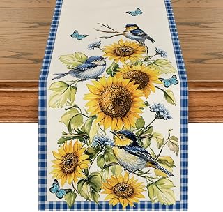 Artoid Mode Buffalo Plaid Bird Butterfly Sunflower Spring Table Runner, Seasonal Summer Kitchen Dining Table Decoration for Home Party Decor 13x72 Inch