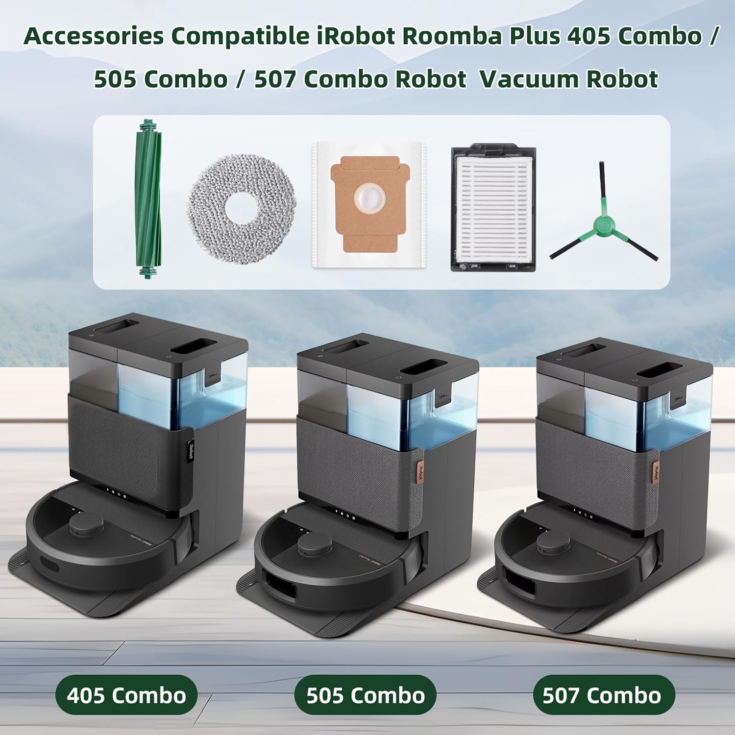 25 Pack Accessories for iRobot Roomba Plus 405 Combo / 505 Combo / 507 Combo Robot Vacuum Cleaner, Replacement Accessories 2 Main Brushes 6 Mop Pads 6 Dust Bag 6 Side Brush 4 Filters 1 Cleaning Brush