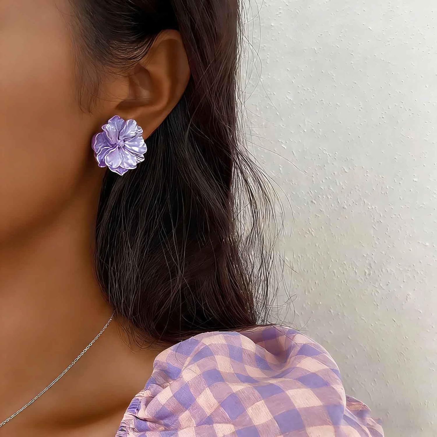 Boho Acrylic Flower Stud Earring Purple Flower Earring Purple Resin Camellia Earrings Vintage Floral Wedding Earrings Jewelry for Women - Image 5