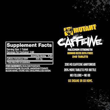 Mutant Caffeine Pills Pharmaceutical-Grade Pure Caffeine Supplement for Boosting Energy, Focus, Mental Alertness, Performance, Endurance Reduces Fatigue & Restores Wakefulness 240 Tablets