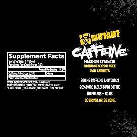 Mutant Caffeine Pills - Pharmaceutical-Grade Pure Caffeine Supplement for Boosting Energy, Focus, Mental Alertness, Performance, & Endurance - Reduces Fatigue & Restores Wakefulness - 240 Tablets