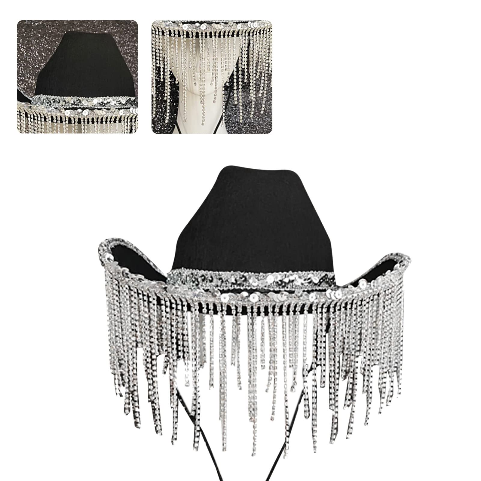 Cappello da cowgirl per adulti cappello da cowboy con paillettes strass frangia adatta alla maggior parte delle donne per feste a tema nero bianco