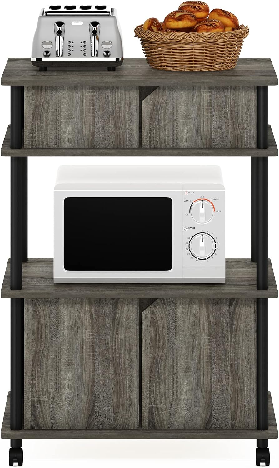 Furinno Turn-N-Tube Kitchen Storage Cart with Cabinet and Lockable Wheels, French Oak Grey/Black