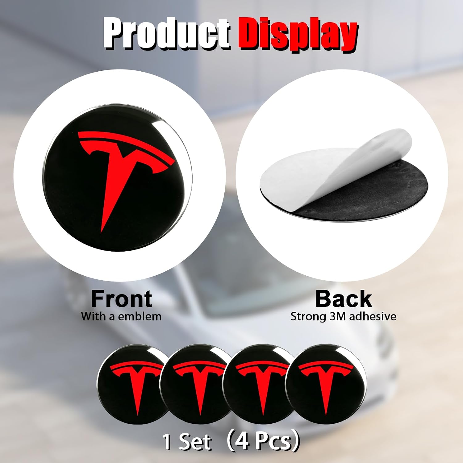4 PCS Wheel Center Hub Cap Sticker and 4 Car Valve Stem Caps for Model 3 & Model Y, 2.2 In Wheel Rim Cover Hubcaps with Logo Emblem fits Tesla, Center Cover Accessories for Tesla, Black & Red