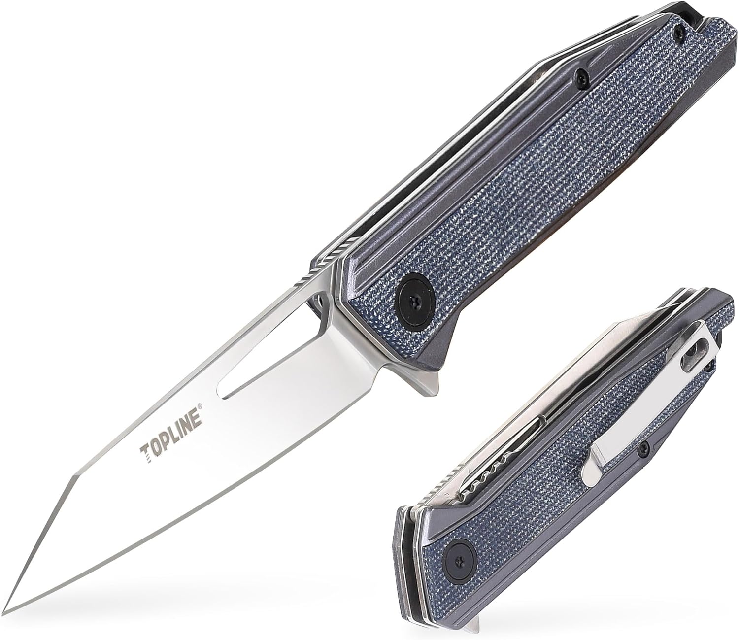 Topline Folding Pocket Knife, Aluminum Handle with Linen Material, 14C28N Steel Blade, Portable Pocket Clip, Folding Knife with Liner Lock, EDC Knife for Camping, Hunting, Grey and Blue