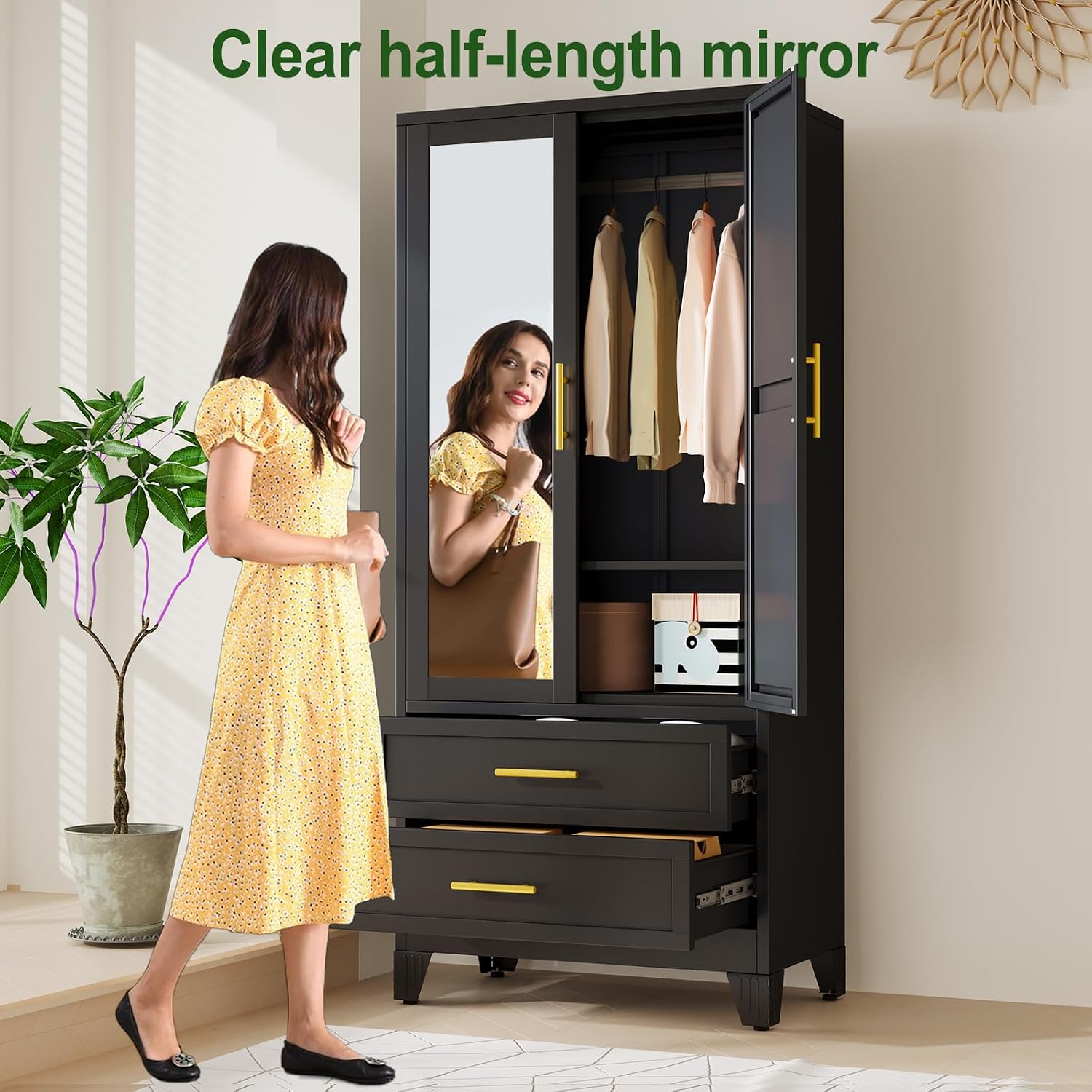 Metal Armoire Wardrobe, 71" Tall Bedroom Closet with Mirror and 2 Drawers thumbnail