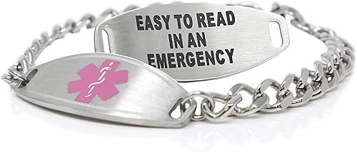 Miniatura 8 de Pulsera de Alerta Médica de Acero Inoxidable con Grabado Personalizado Gratuito y Tarjeta de Identificación, Cadena Barbada