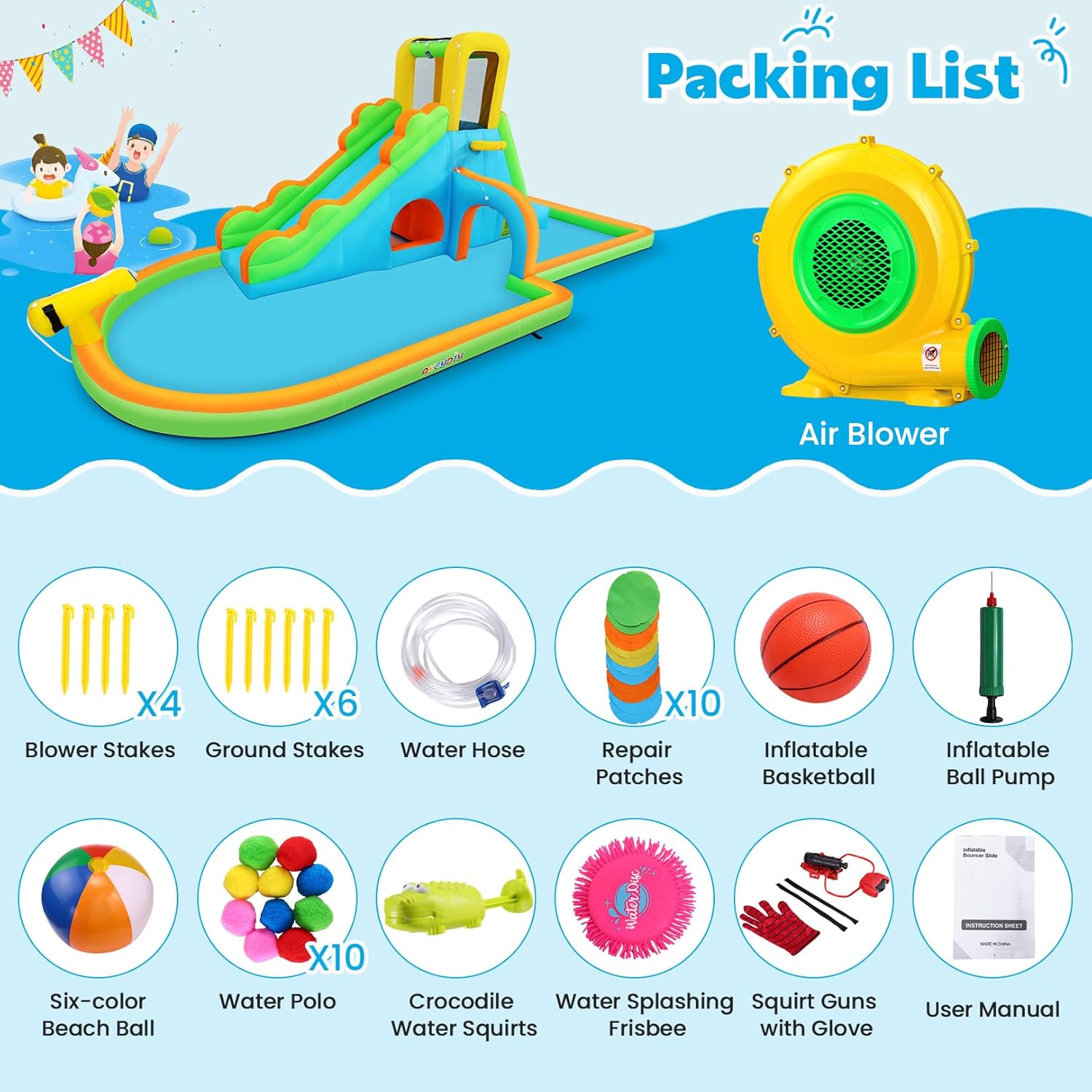 AKEYDIY Water Slide Inflatable Water Bounce House Park for Kids Backyard Outdoor Fun with Blower, Blow up Water Slide Castle w/Climbing Wall, Long Slide, Pool, Water Gun, Basketball Hoop & Tunnel