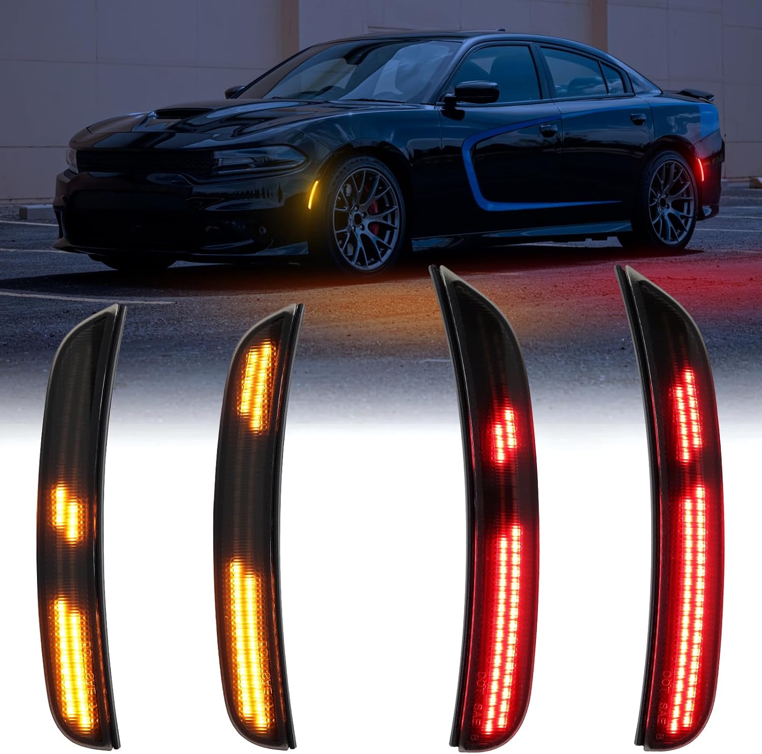 Dynamic Amber & Red LED Side Marker Lights for Dodge Charger 2015-2025 Upgrade Dual Row Sequential Scan Front & Rear Bumper Sidemarker Lamp Smoked Lens 4PCS