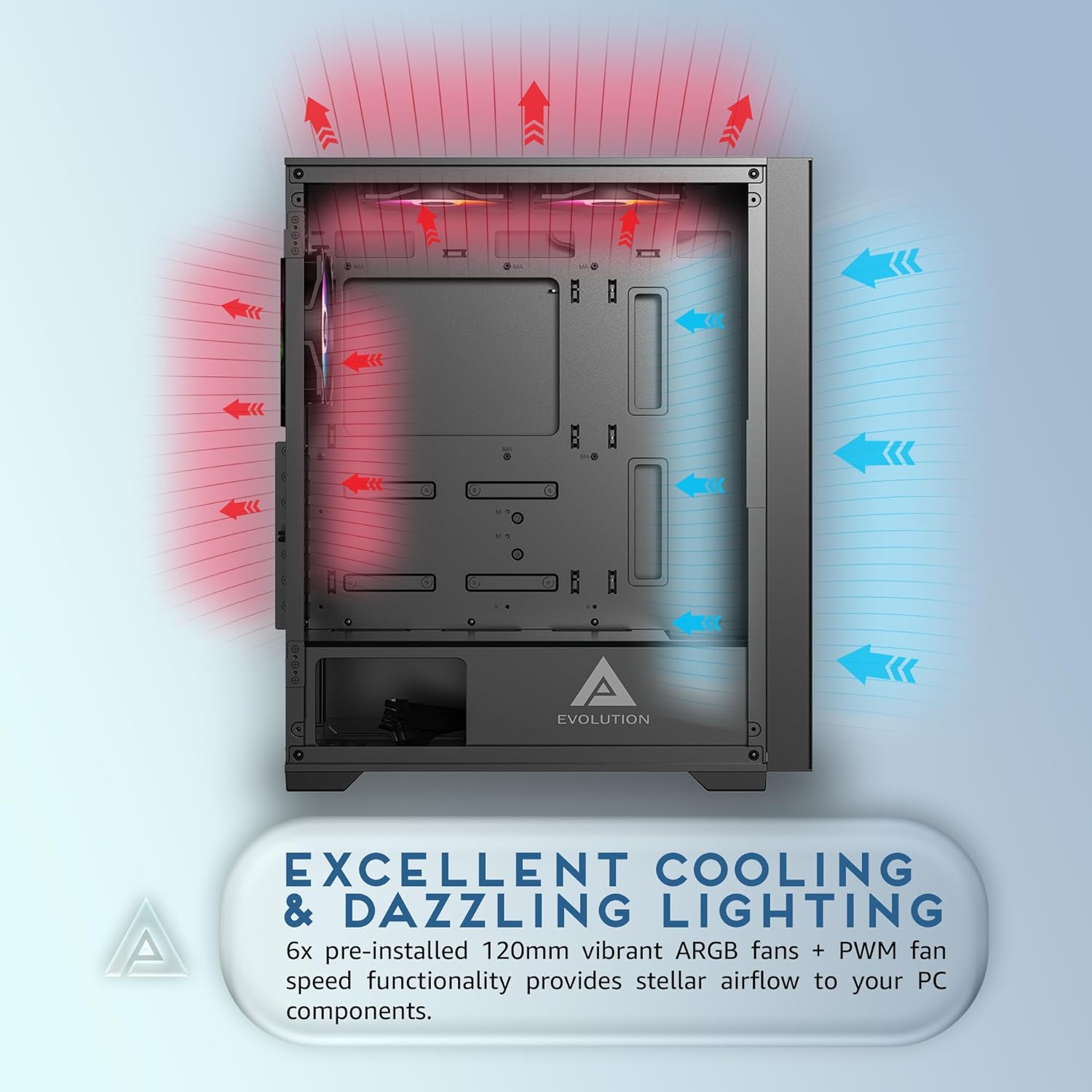 Apevia EVOLUTION-BK Evolution Mid Tower Gaming PC Case w/ 6x 120mm PWM ARGB Fans, 366 RGB Light Modes, 1x Metal Plate Mesh Front Panel, 1x Door Swivel Style Magnetic Glass Side Panel, 2x USB3.0, Black