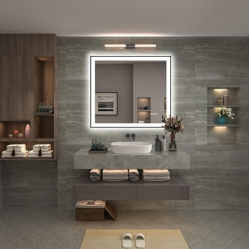Miniatura 2 de Espejo de baño LED enmarcado de 32 x 36 pulgadas, espejo de tocador iluminado con luces, espejo iluminado regulable para pared, antiniebla,