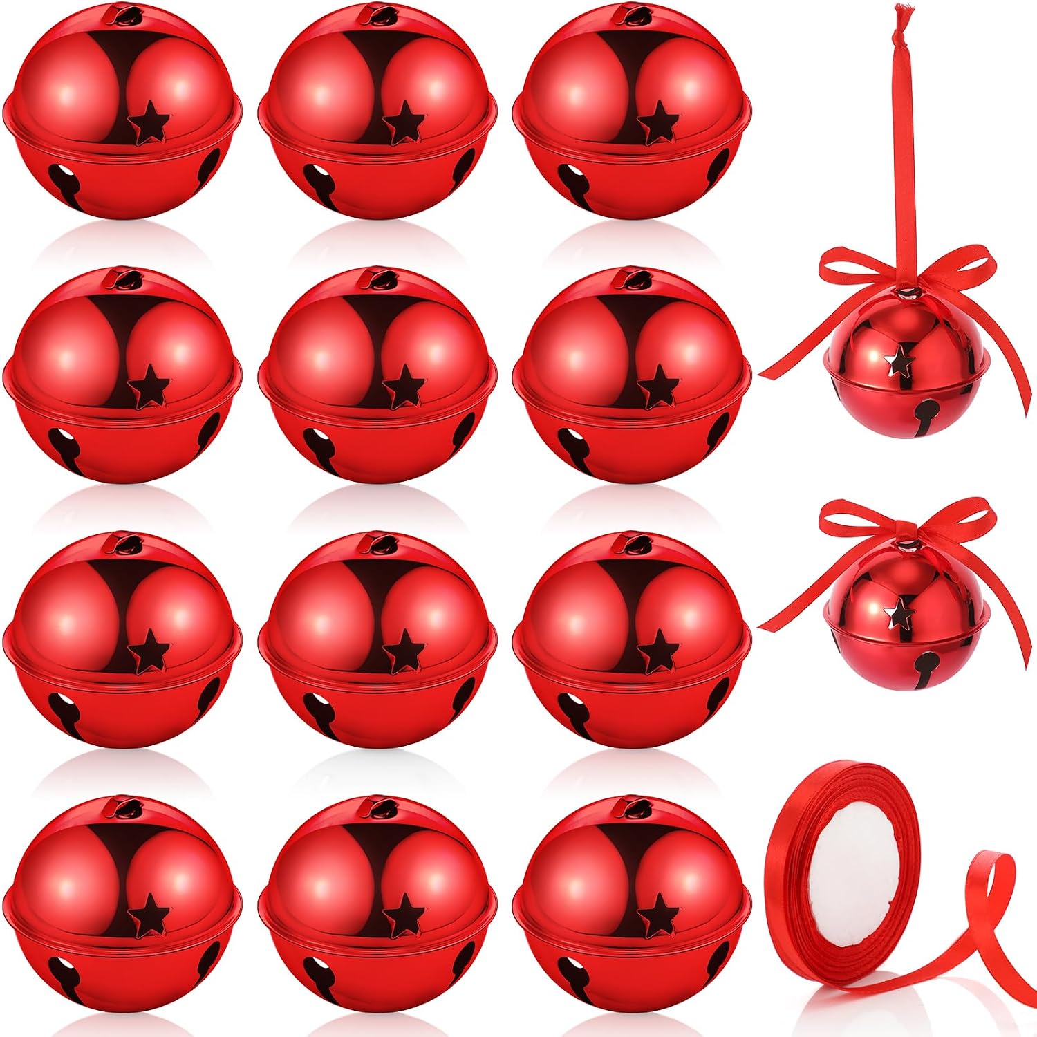 Roowest 12 Pieces Large Size Red Christmas Star Bells Ornament 3.15 Inch Sleigh Jumbo Bells Christmas Tree Ornament with Ribbon for Craft Xmas Tree Wreath DIY Outdoor Decoration
