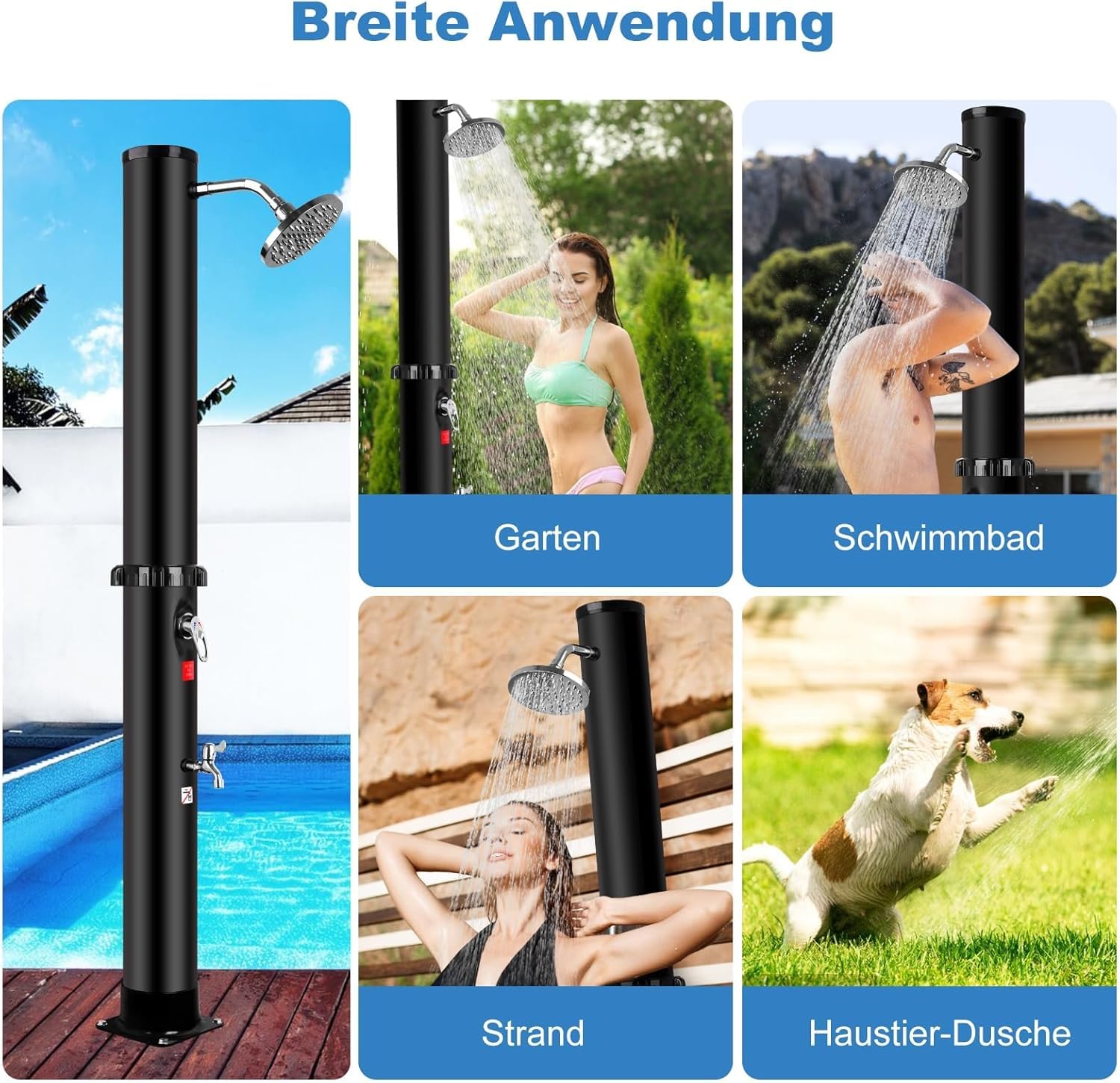 Douche Solaire 40 Liters, Douche de Jardin avec Pommeau de Douche Rotatif et Robinet à Pied, Douche Solaire Piscine Extérieure pour Jardin Plage, Jusqu'à 60 °C avec Housse Anti - Poussière