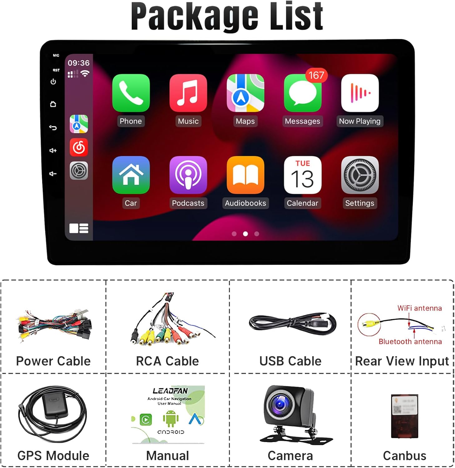 Package contents including stereo, cables, camera, and manual