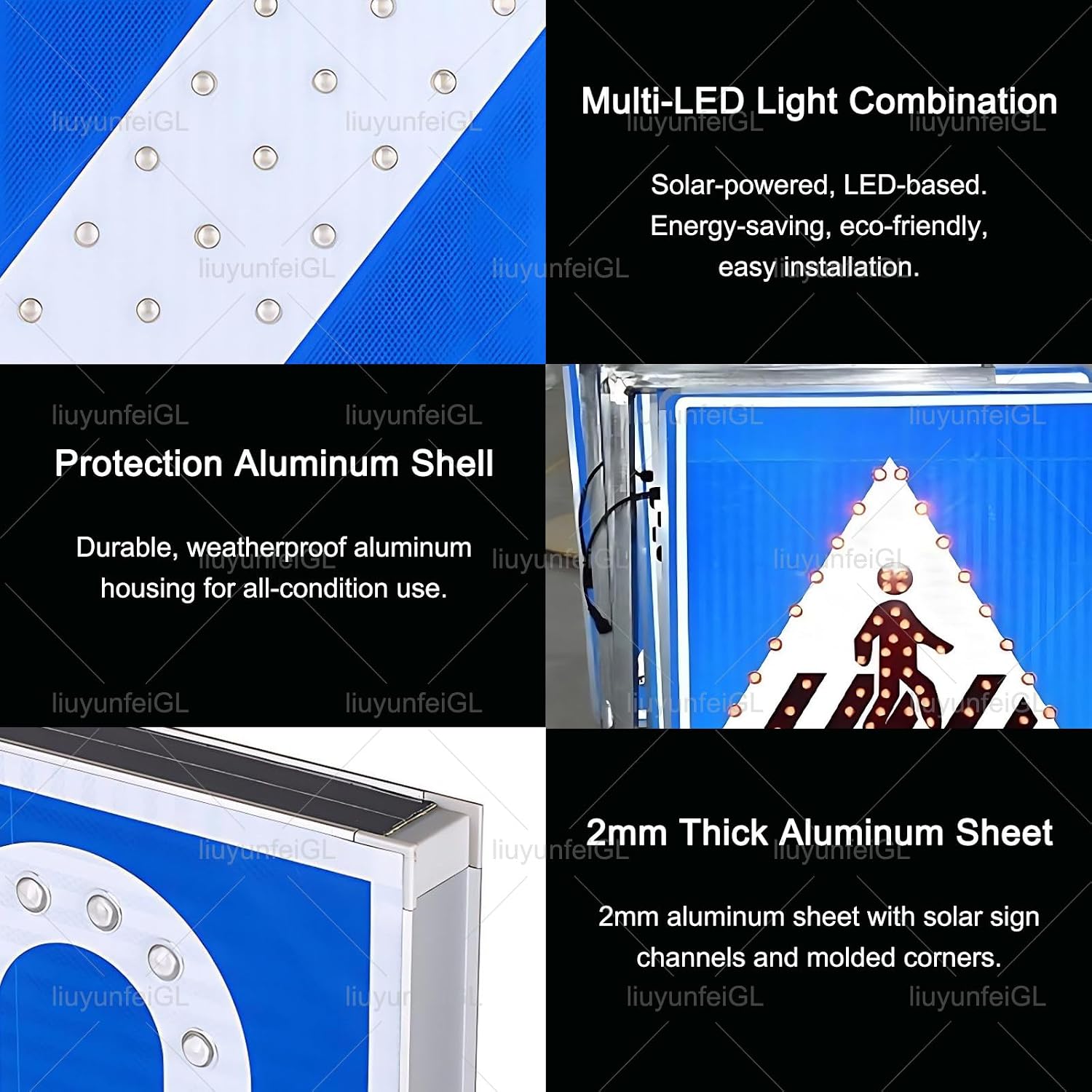 Solar LED Traffic Sign Board, 24 or 30 Inch Flashing Crosswalk Pedestrian Sign, Aluminum Frame, Reflective Material, IP55, Flashing 40±2/min 24in