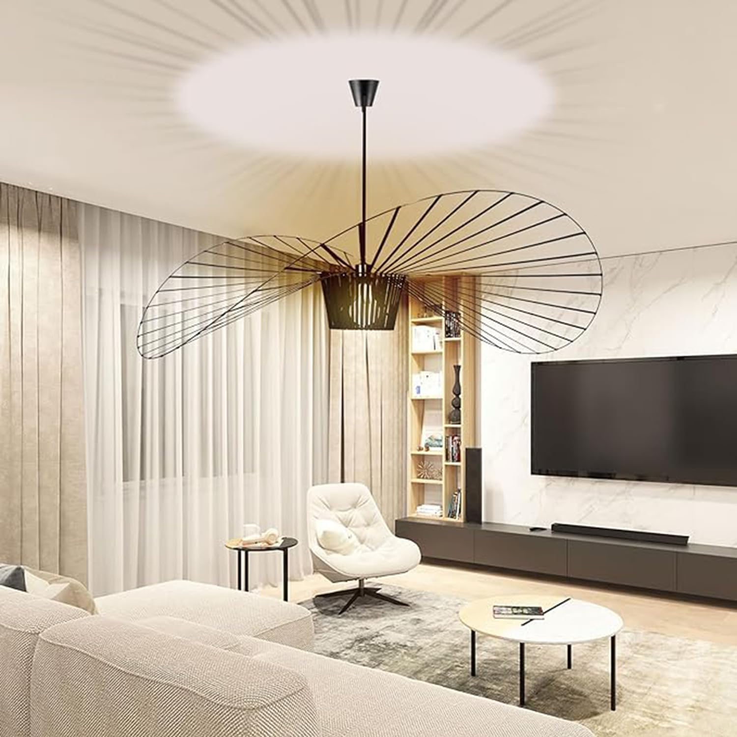 YUXN Vertigo Vintage LED Pendant Light for Living Room Lamp (Adjustable Light Height) Fibreglass/Polyurethane E27 Chandelier for Restaurant Lampshade (200 cm, Black)