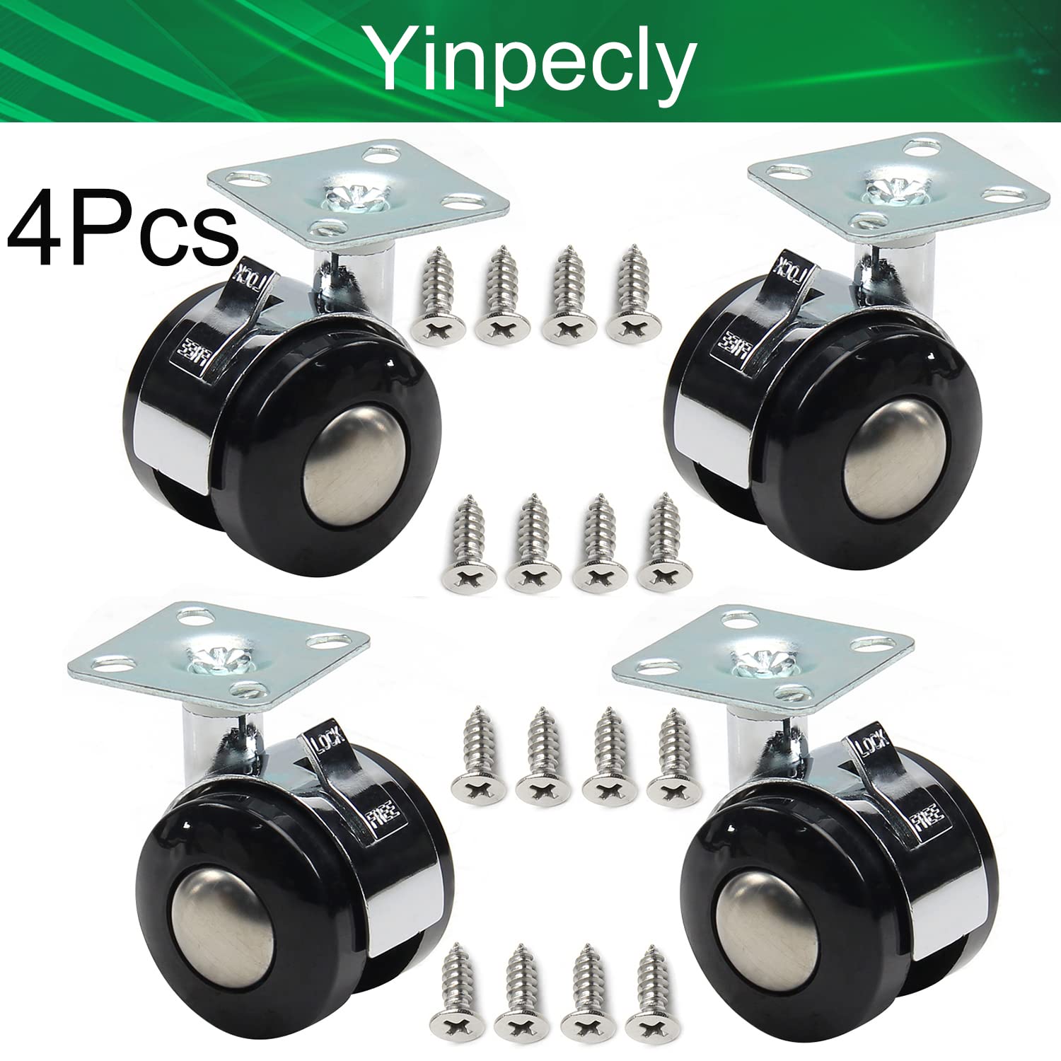Yinpecly 4pcs Swivel Caster Wheels Alloy Plate Mounted Caster Wheel for Office Chair, 1.57inch Black Silver with Brake