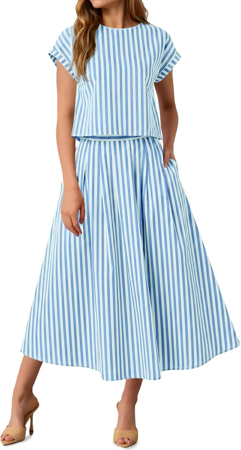 Tankaneo Womens Striped 2 Piece Skirt Sets Summer Cap Sleeve Tops Midi Dress Travel Vacation Outfits Matching Sets