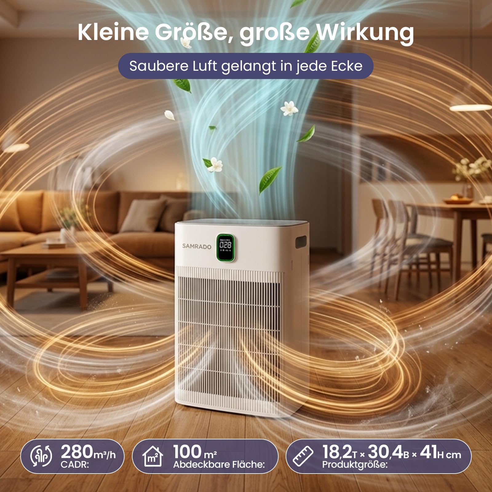 Luftreiniger, H13 HEPA, waschbarer Vorfilter, App, 100 m² | Doppelseitige Ansaugung, Waschbarer Vorfilter, 280 m³/h CADR bis 100 m², Smart Life App, leiser 3-W-Schlafmodus
