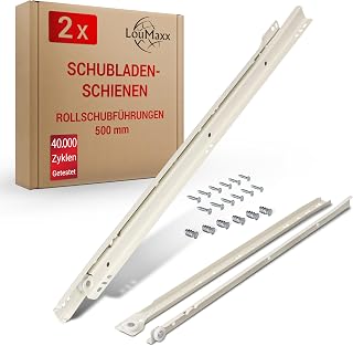 LouMaxx Rollschubführungen 500 mm | 2er Set (1 Paar) Schubladenschienen weiß | Schubladen Schienensystem mit Teilauszug | Leichtgängige Schienen Schublade in Cremeweiß