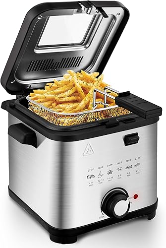 SUSTEAS - Freidora eléctrica de 1.5 litros1.35QT, 900W, control de temporizador, temperatura ajustable, tapa con ventana de visualización y cesta de