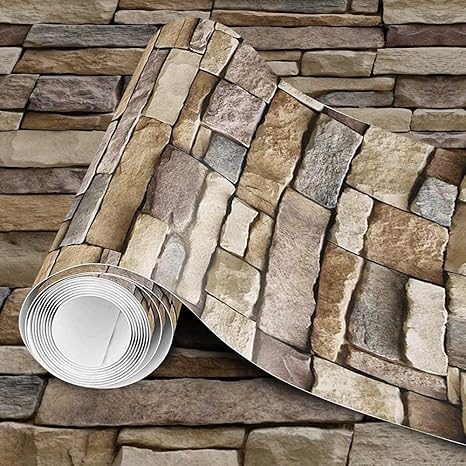 Amazon 石を剥がして貼れる壁紙 粘着式壁紙 はがして貼るだけのバックスプラッシュ壁紙 棚紙 3dフェイクテクスチャストーンウォールルック レンガ壁紙 幅17 7インチ 長さ393インチ 壁紙