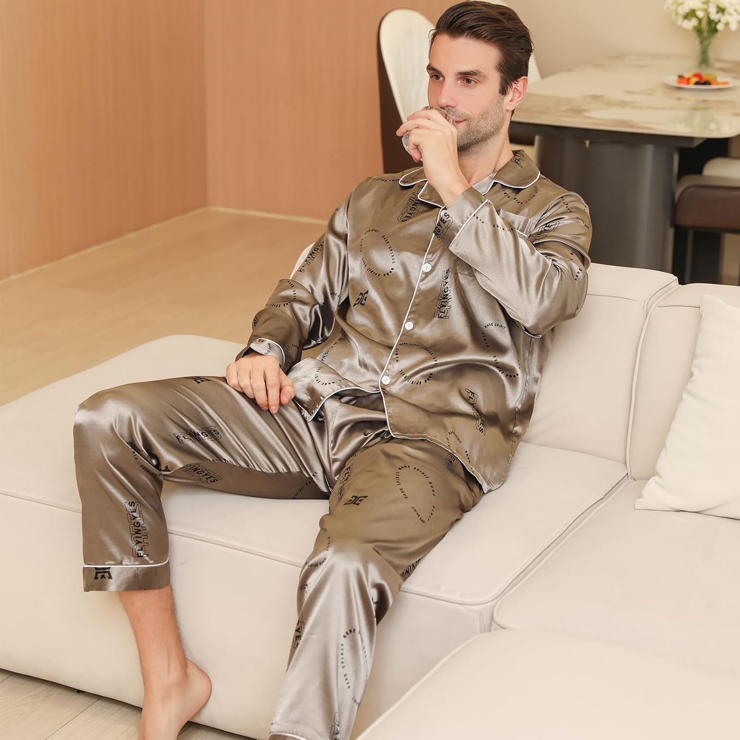 Mens Satin Pajama Sets color Pattern Long Sleeve Top and Long pants Silky Button Sleepwear
