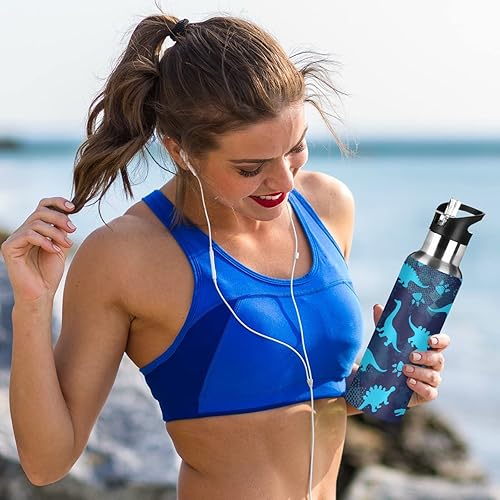 Miniatura 5 de Qilmy Botella de agua deportiva con tapa de pajilla, aislada al vacío, de acero inoxidable, termo de dinosaurio, botella de agua de 20 onzas