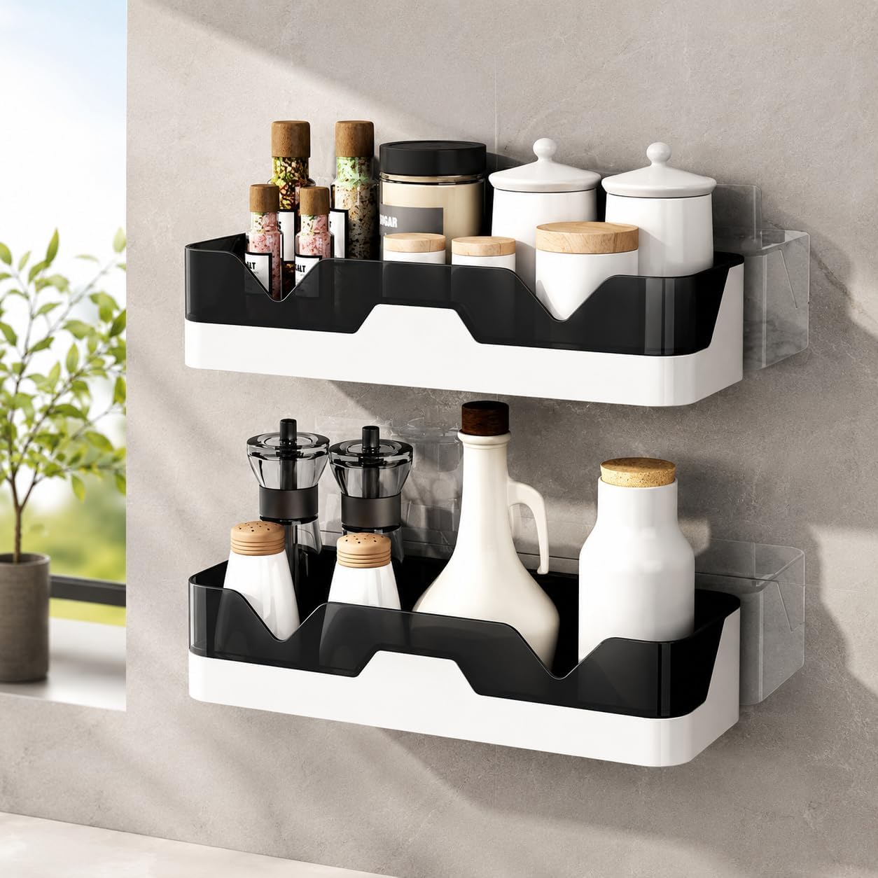 Oslen Pack of 2 Self-Adhesive Plastic Bathroom Rack, Bathroom Shelf Organizer, Wall Mounted Shelf, Bathroom Hardware & Accessories, Storage Racks Kitchen Bathroom Accessories Rack Shelf, White & Black