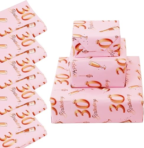 Zayin Papel de regalo para cumpleaños número 30, 5 hojas de 27.6 x 19.7 in, color oro rosa, papel de regalo de feliz cumpleaños para niñas y