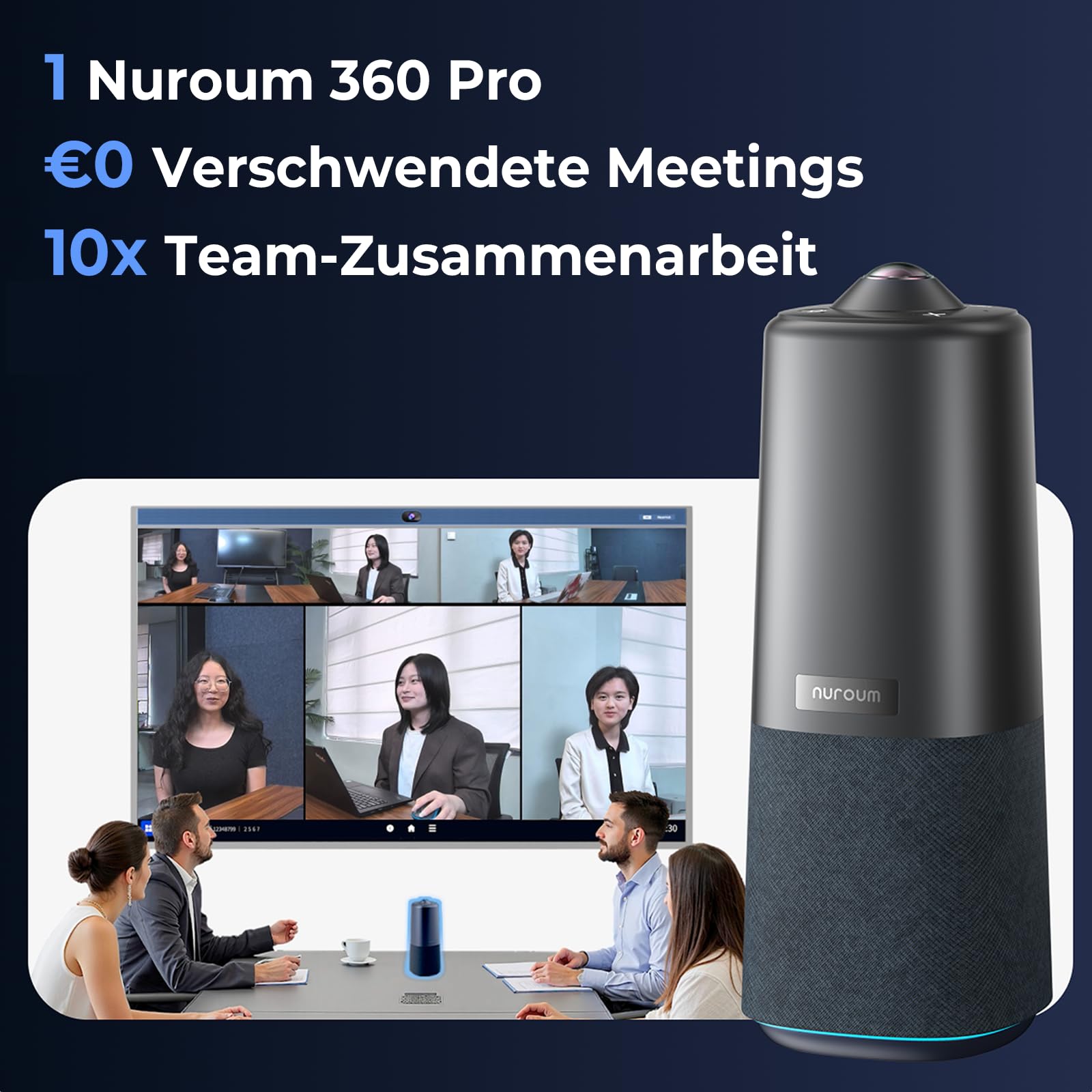 Nuroum 360 Pro Videokonferenz-Webcam mit Mikrofon und Lautsprecher, 3 KI-Modi, 360 Grad Kamera,Intelligente Rauschunterdrückung,Auto-Framing,Plug&Play, Videokonferenzsystem für PC/Zoom/Teams, Grau