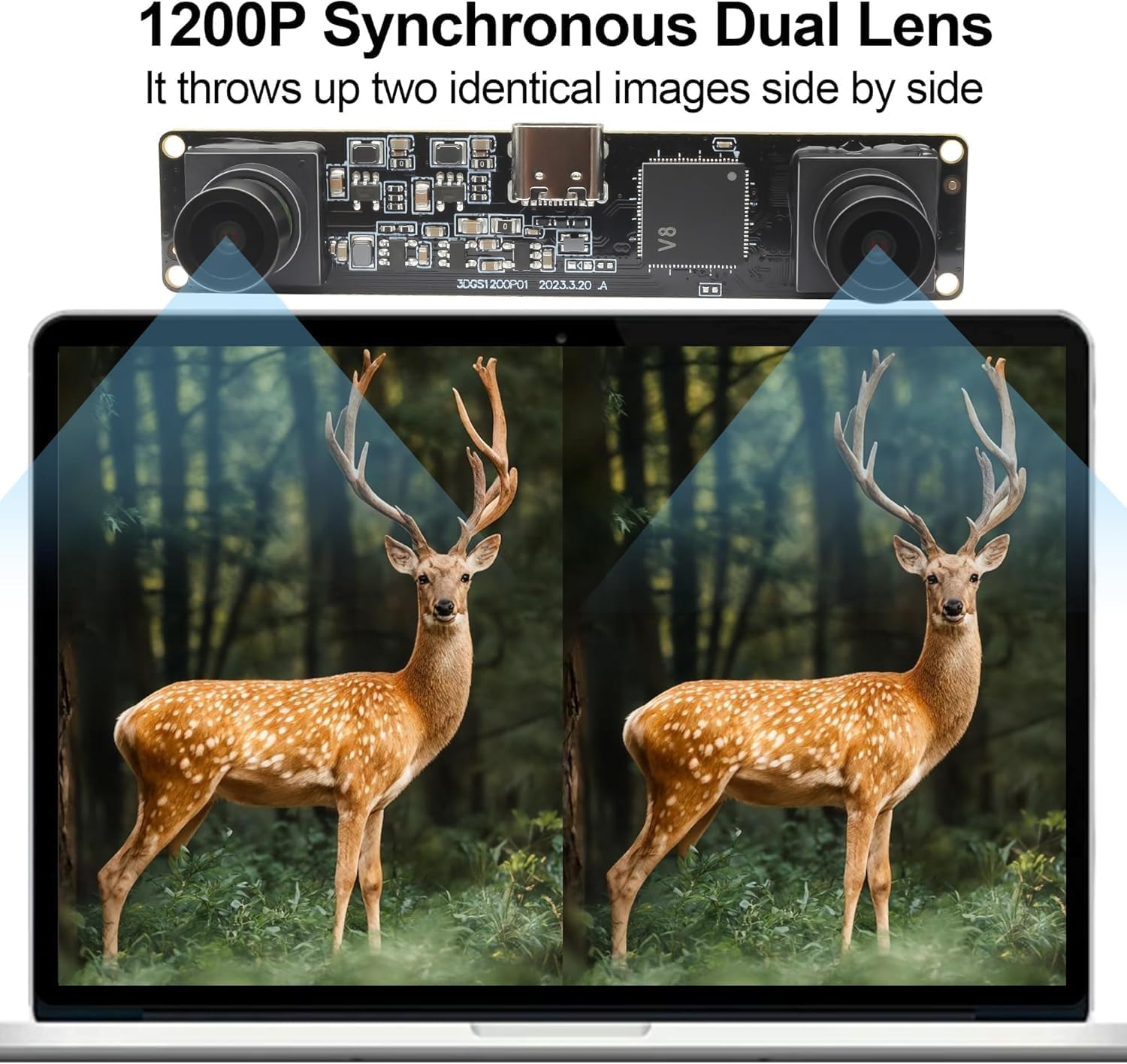 MMlove USB Stereo Camera Module,1200P 60FPS Global Shutter Synchronous Dual Lens 600P 120FPS High Speed 3D Webcam,94° Viewing Angle Lightburn Camera for VR Face Recognition,PC/Laptop/Raspberry Pi