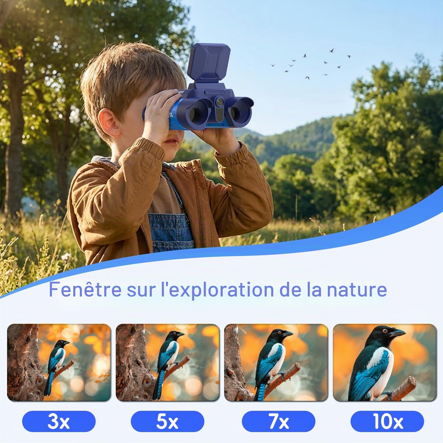 Jumelles Enfant Zoom Optique 10x Appareil Photo 48 MP Vidéo 1080P Vision Nocturne 25 m Bleu Foncé