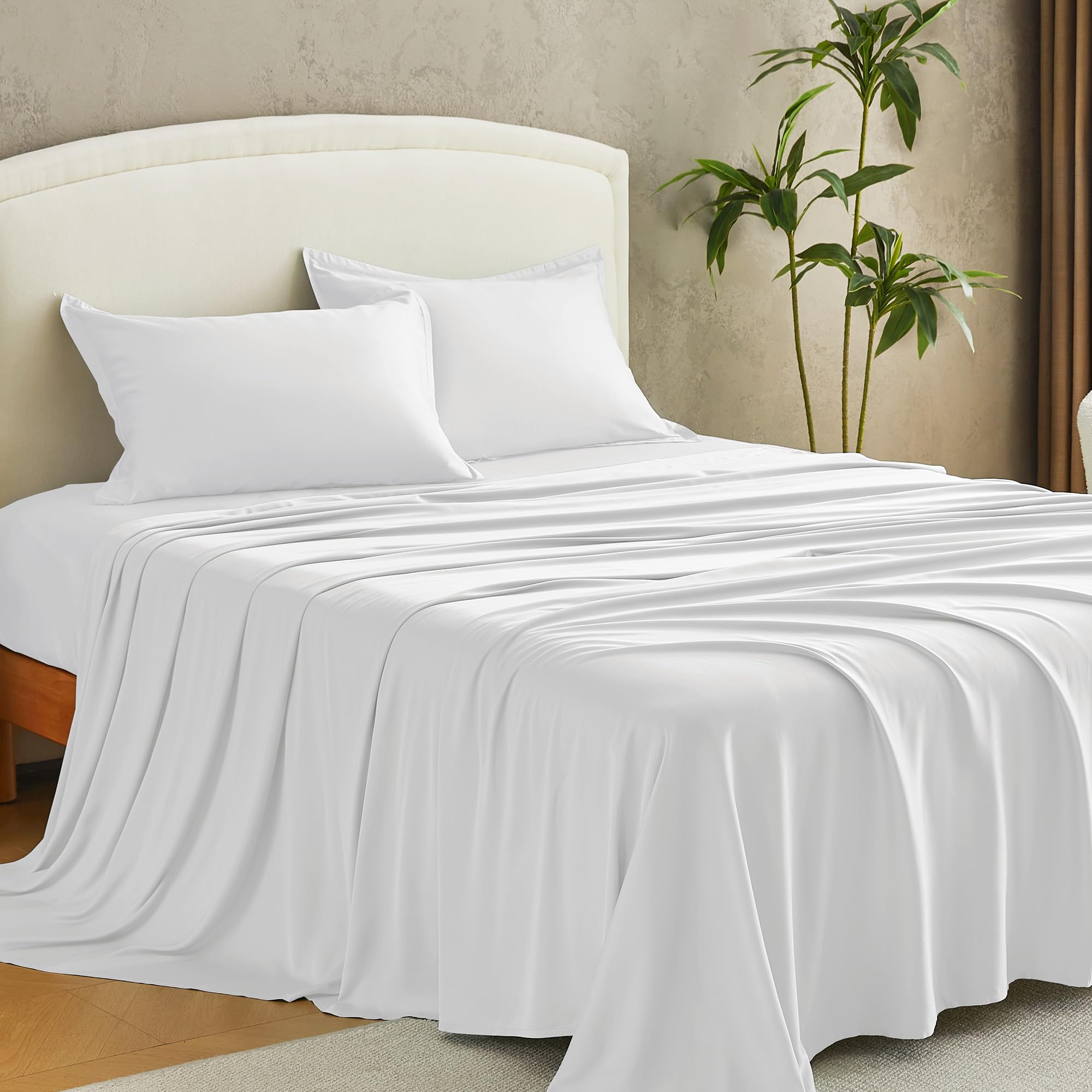 Andency Sateen Sheets Set, 100% Viscose Derived from Bamboo, Hotel Luxury Silky &amp; Cooling for Hot Sleepers, Deep Pocket Up to 16", White King