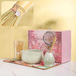 Handcrafted Matcha Bowl Set 8pc - Japanese Style Ceramic Chawan Tea Cups with Floral Art & Wavy Rim | Complete Matcha Tea Ceremony Kit in Premium Gift Box (Matcha color)