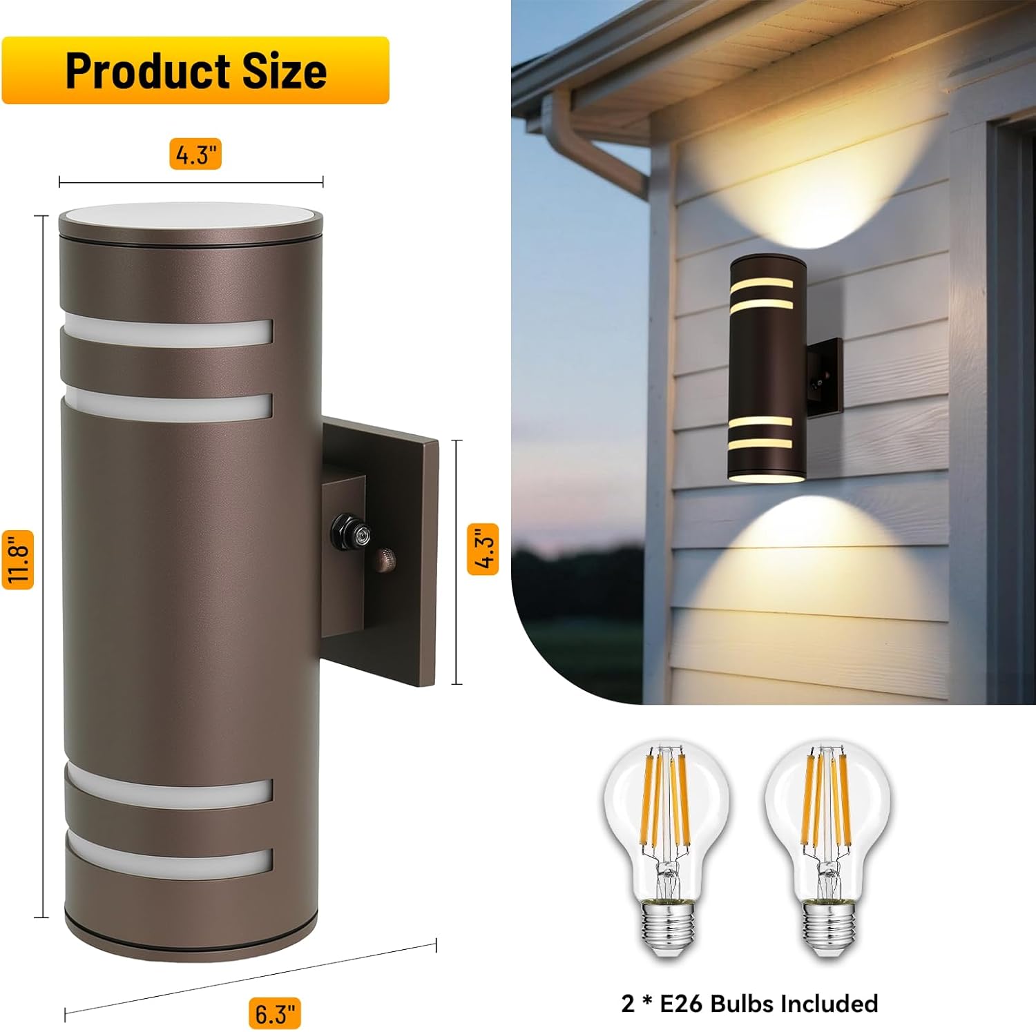 Modern Outdoor Wall Light with Dusk to Dawn Sensor, 2-Pack Brown Exterior Wall Sconces with E26 Bulbs Included, IP65 Waterproof Anti-Rust Aluminum Porch and Garage Light Fixtures