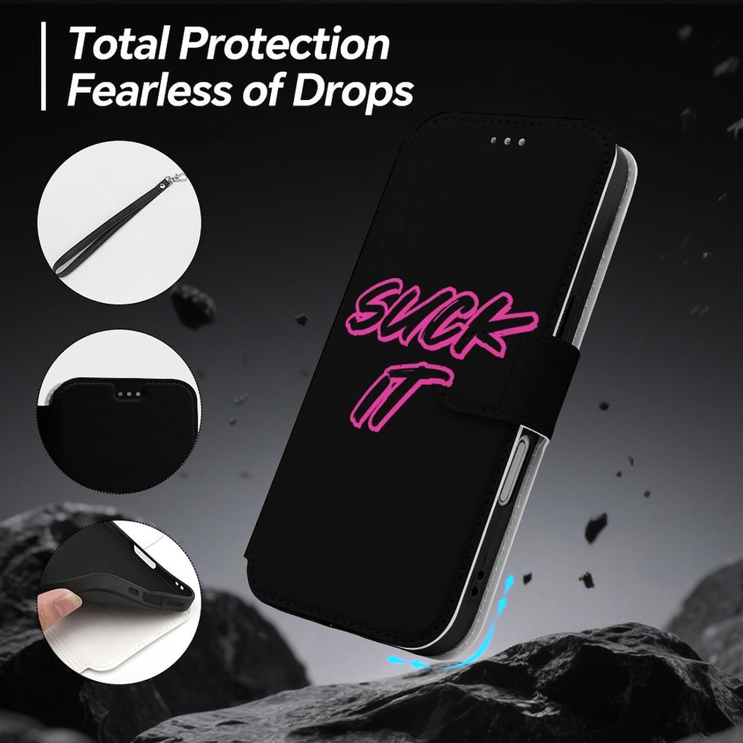 Suck It Compatible with iPhone 16/16 Plus/16 Pro/16 Pro Max/16 E Case Phone Wallet Card Holder Flip Cover with Wrist Strap