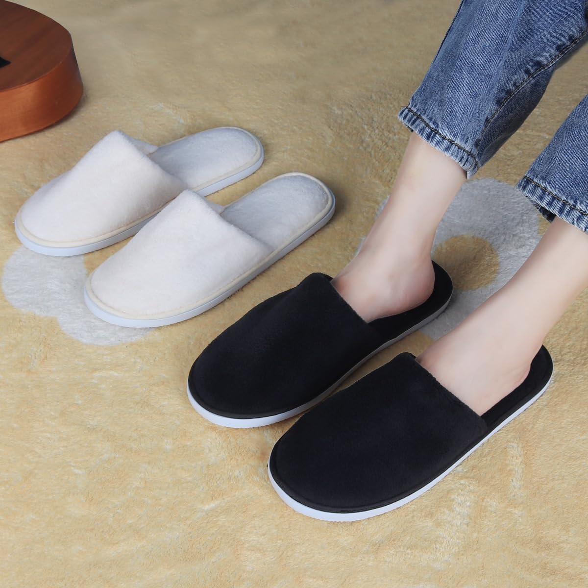 Yeios 12 Pairs Disposable Slippers for Guests Hotel Slippers Disposable Spa Slippers,0.78inch Sole 180GSM Coral Fleece Non-slip Reusable House Bulk for Adult for Men and Women Beige and Black