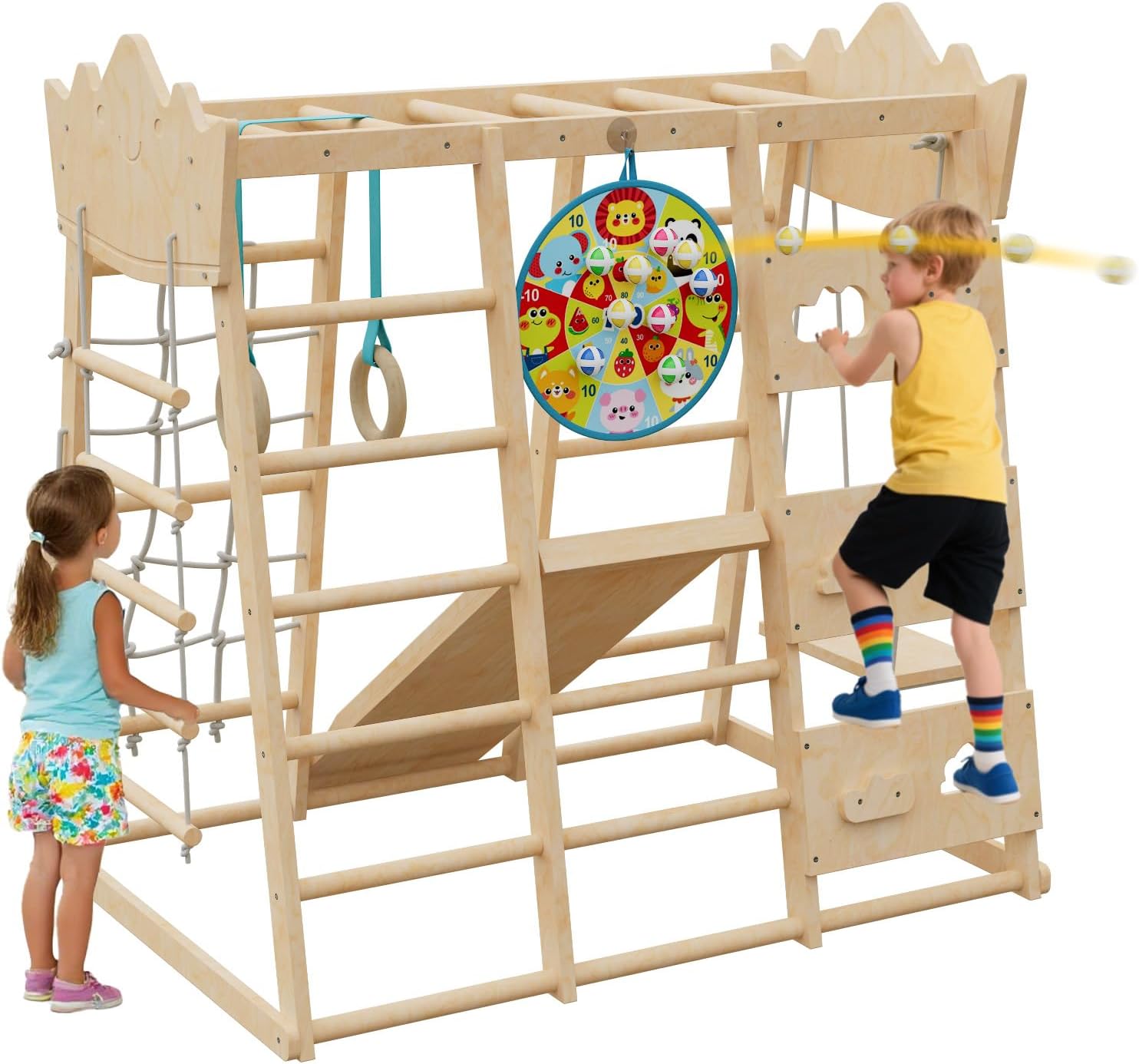 9-in-1 Indoor Jungle Gym, Indoor Playground for Toddlers,Wooden Montessori Climber Playset with Slide, Swing, Monkey Bar, Climbing Rock Climbing Net, Rope Ladder, Climbing Ladder, Rings and Dart Board