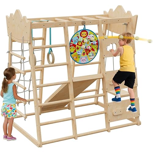 9-in-1 Indoor Jungle Gym, Indoor Playground for Toddlers,Wooden Montessori Climber Playset with Slide, Swing, Monkey Bar, Climbing Rock Climbing Net, Rope Ladder, Climbing Ladder, Rings and Dart Board