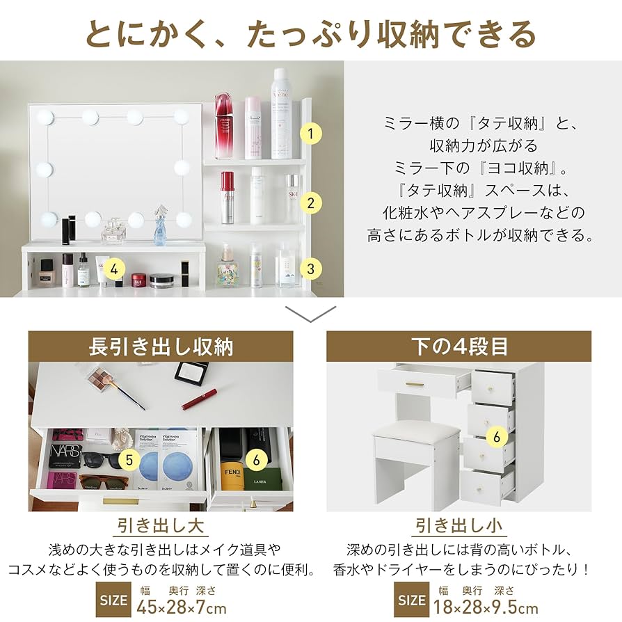 Honkiya ドレッサー化粧台 テーブル 鏡台 LEDライト付き スツール付き Amazon｜Honkiya ドレッサー化粧台 テーブル 鏡台 LEDライト付き