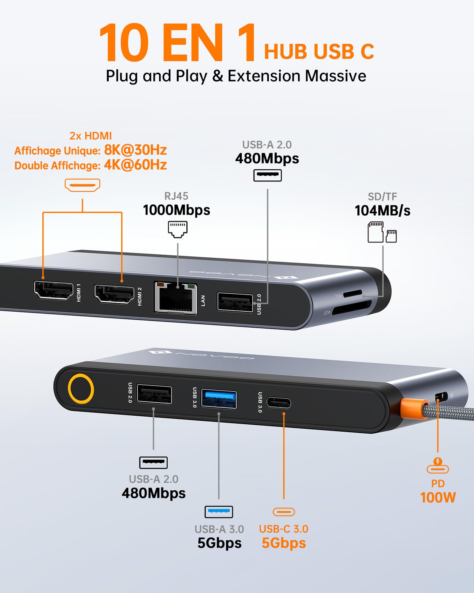 NOVOO Stacja dokująca 10 w 1, stacja dokująca Dual HDMI, stacja dokująca USB C, Multiport na 2 HDMI 8K, Gigabit Ethernet, PD 100 W, SD, TF, 3 porty USB do Microsoftu, Macbooka, HP, Dell, Lenovo