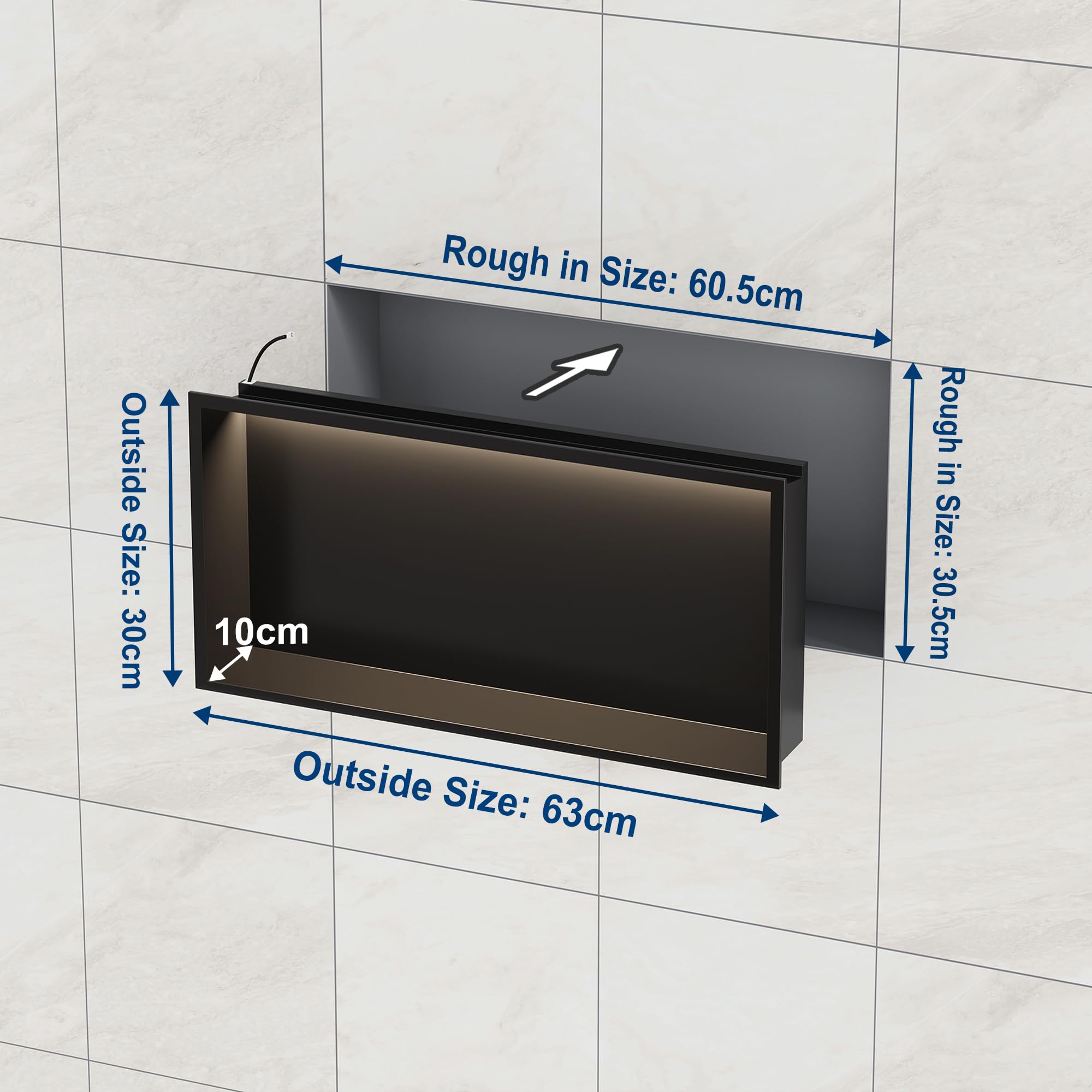Mat Zwart 304 RVS Douche Niche met LED Verlichting 60x30x10 CM Geen Tegels Nodig