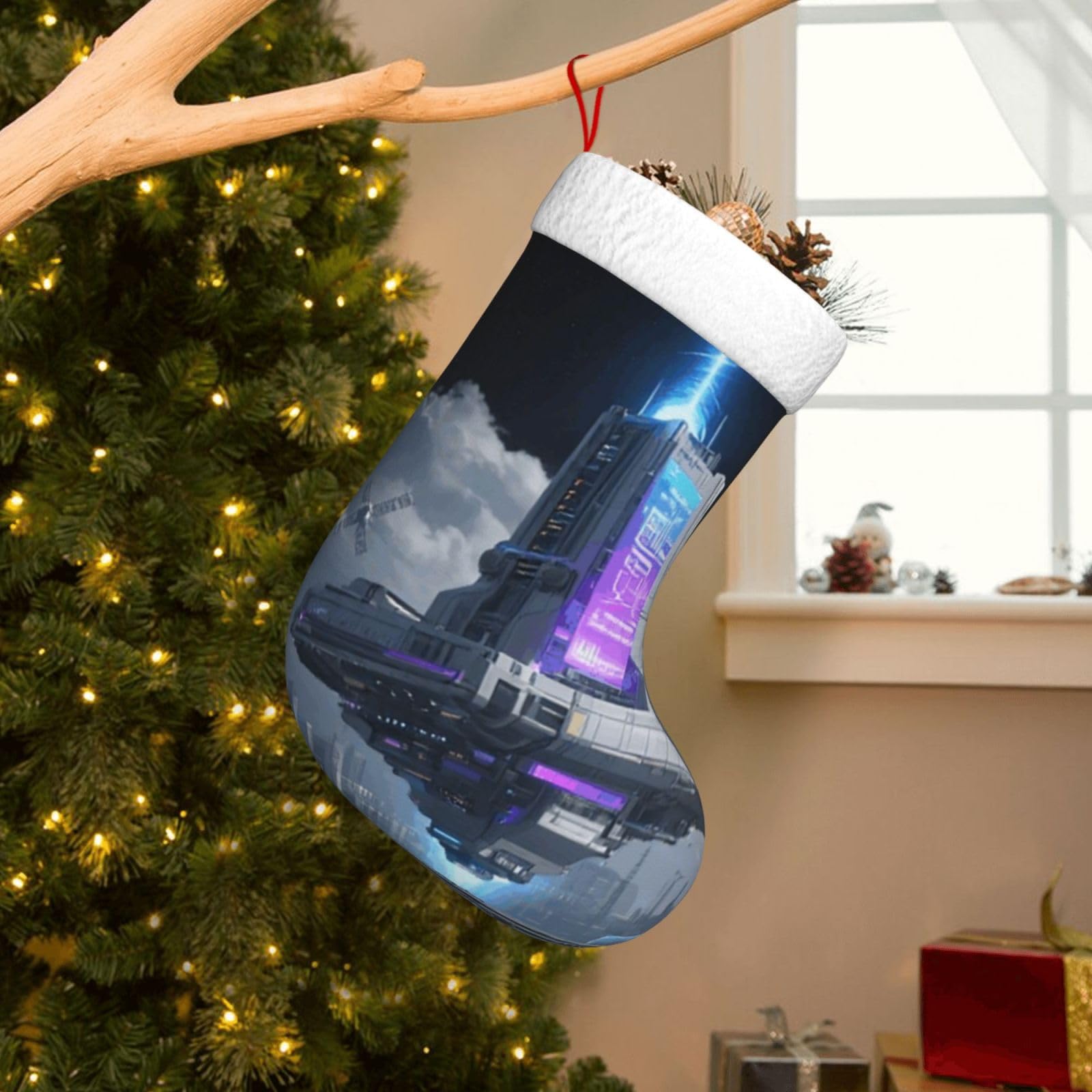 Velvet Christmas Stockings 17.7 Inch, Sci-Fi Style Xmas Stocking with Soft Cuff,Classic Personalized Christmas Tree Decoration for Family Holiday New Year Party Supplies